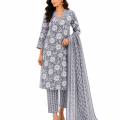 Gray Printed Cotton Kurta Pant Dupatta Set for Festive Wear - view 3