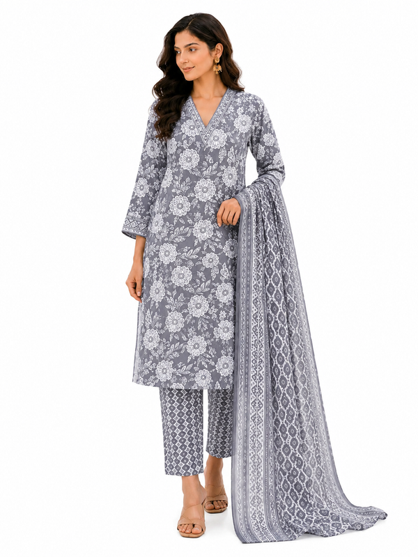 Gray Printed Cotton Kurta Pant Dupatta Set for Festive Wear - view 3
