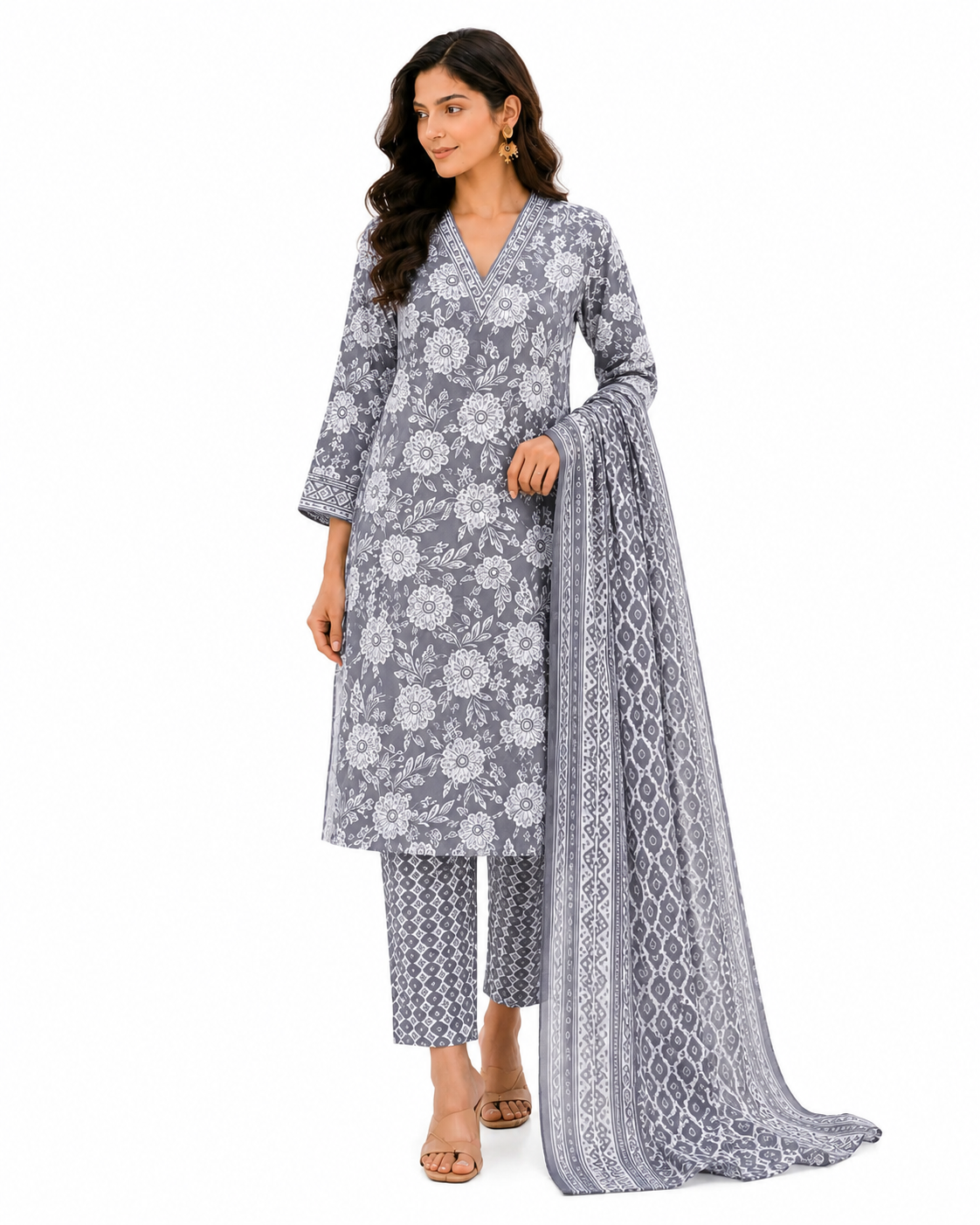 Women's Pure Cotton Printed Kurta Pant Dupatta Set | V-Neck | 3-Piece Ethnic Suit Set