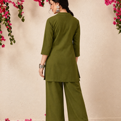 Floral Embroidered Shirt & Pant Co-Ord Set for Office Wear