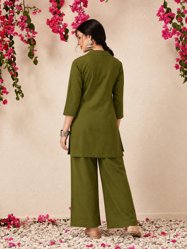 Floral Embroidered Shirt & Pant Co-Ord Set for Office Wear