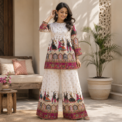 White Printed Kurta Palazzo Set for Festive Wear