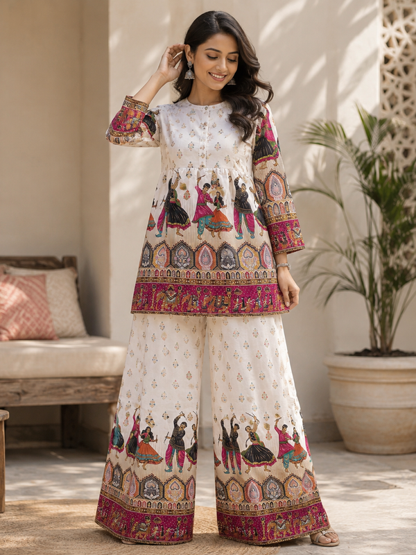 White Printed Kurta Palazzo Set for Festive Wear