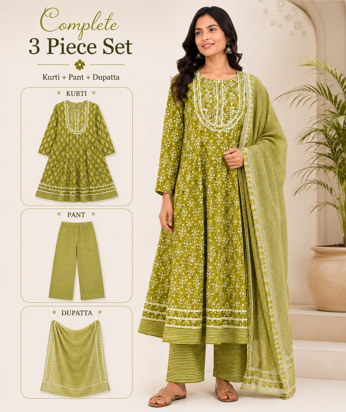 Women's Cotton Anarkali Kurta Pant Dupatta Set | Embroidered Ethnic Suit Set