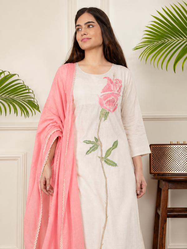 Off-White Kantha Cotton Kurta Set