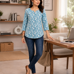 Floral-Print Cotton Short Kurti for Casual Wear