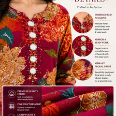 Red Floral-Print Kurta Pant Dupatta Set for Festive Wear - view 4