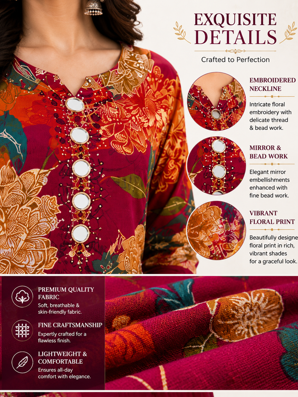 Red Floral-Print Kurta Pant Dupatta Set for Festive Wear - view 4