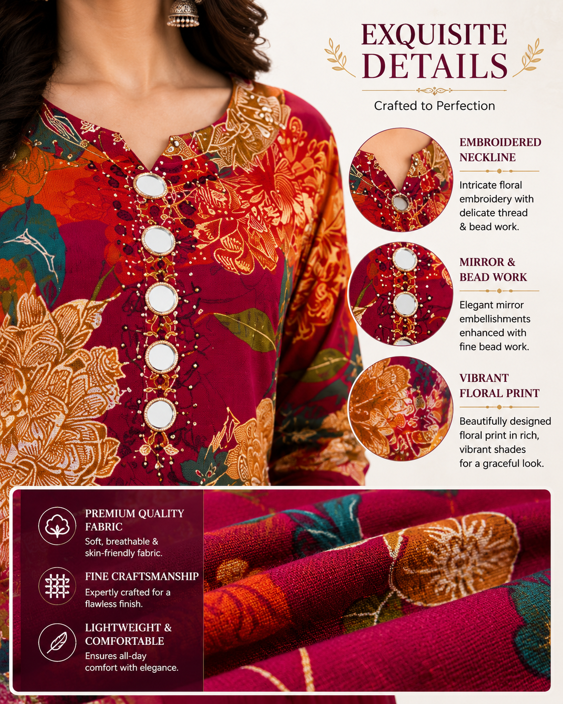 Women’s Floral Printed Kurta Pant Dupatta Set | Embellished Neck | Ethnic 3-Piece Suit Set