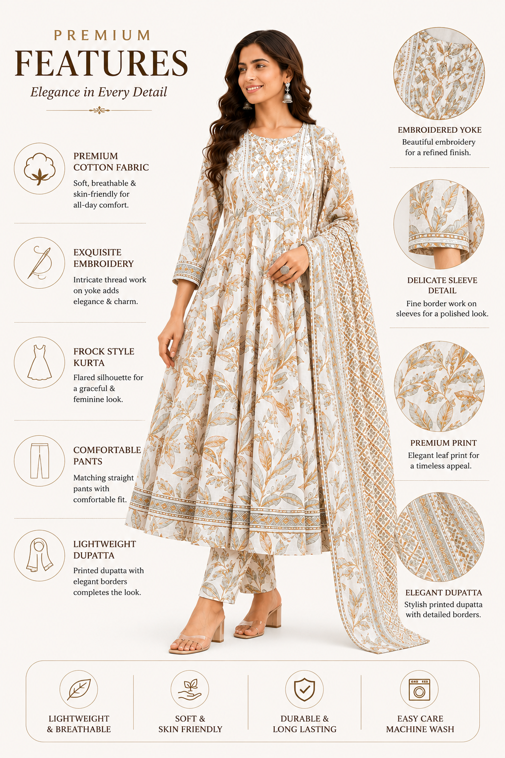 Women's Cotton Printed Anarkali Kurta Pant Dupatta Set | Flared Ethnic Suit | 3-Piece Set