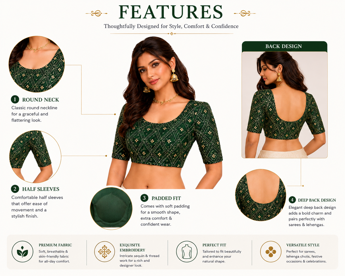 Dark Green Embroidered Readymade Blouse