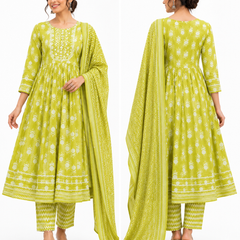 Floral Embroidered Cotton Kurta Pant Dupatta Set for Festive Wear - view 3