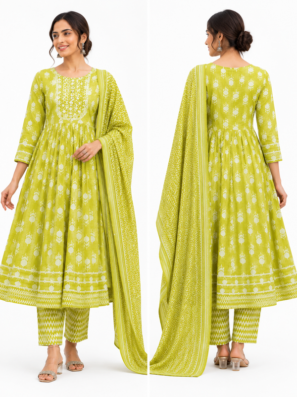 Floral Embroidered Cotton Kurta Pant Dupatta Set for Festive Wear - view 3
