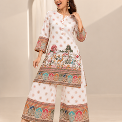White Printed Rayon Kurta Palazzo Set for Festive Wear
