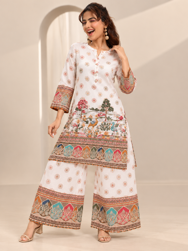 White Printed Rayon Kurta Palazzo Set for Festive Wear
