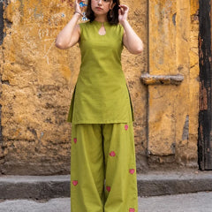 Lime Green Sleeveless Kurti Set with Strawberry Embroidered Bottom