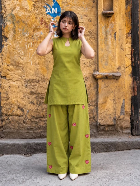 Lime Green Sleeveless Kurti Set with Strawberry Embroidered Bottom