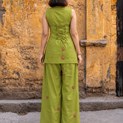 Lime Green Sleeveless Kurti Set with Strawberry Embroidered Bottom