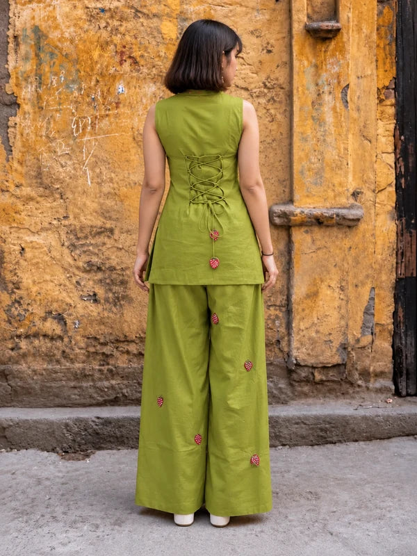 Lime Green Sleeveless Kurti Set with Strawberry Embroidered Bottom