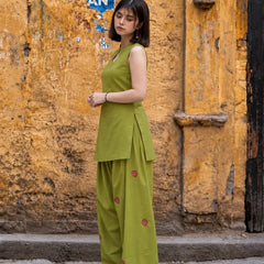 Lime Green Sleeveless Kurti Set with Strawberry Embroidered Bottom