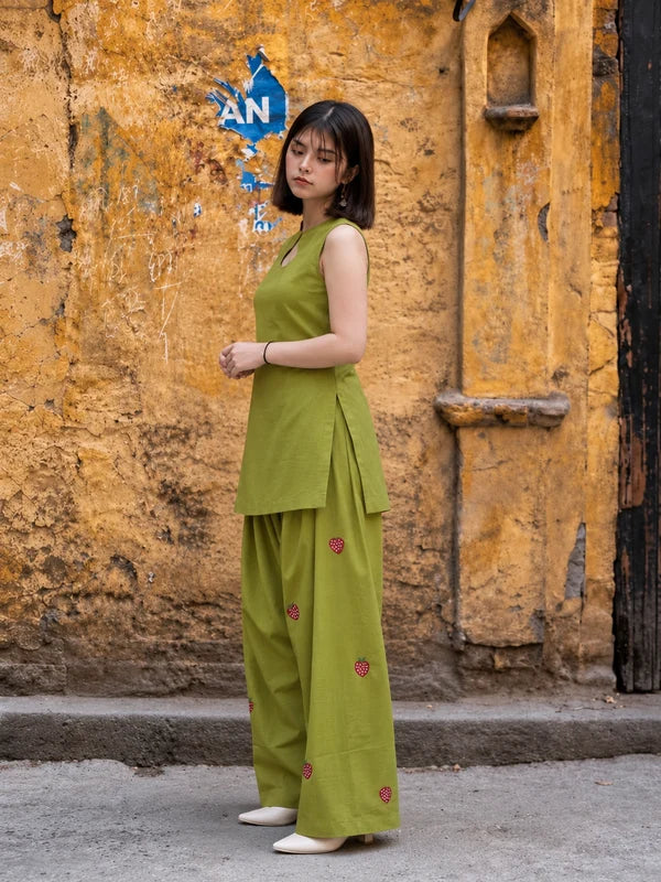 Lime Green Sleeveless Kurti Set with Strawberry Embroidered Bottom
