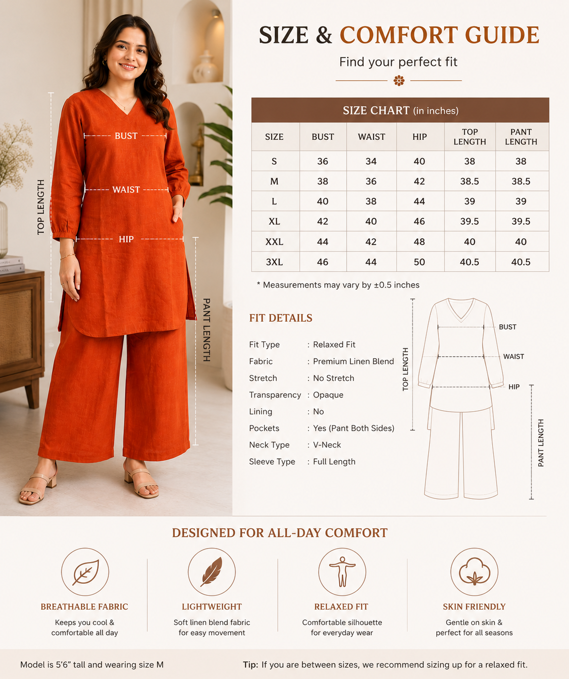 Rust Orange Linen Blend Kurta Pant Co-Ord Set