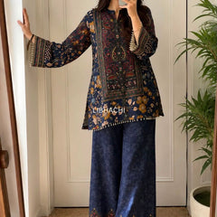 Women’s Navy Blue Floral Printed Kurta Palazzo Set