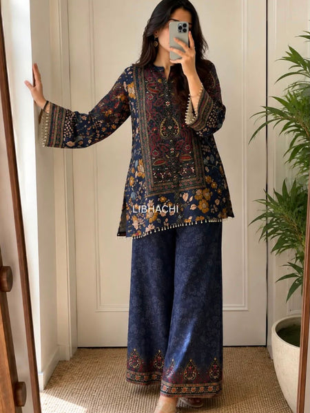 Women’s Navy Blue Floral Printed Kurta Palazzo Set