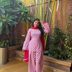Women’s Pink Floral Printed Kurta Palazzo Set with Dupatta