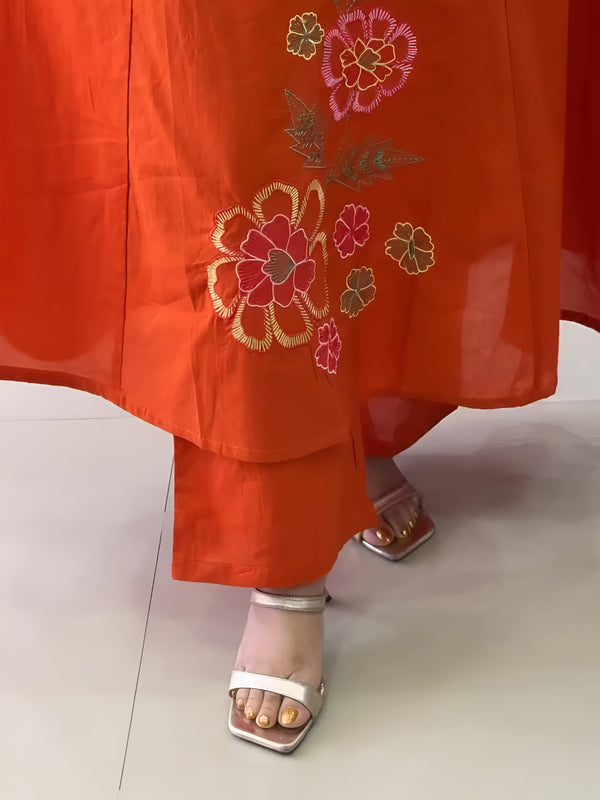 Women’s Orange Embroidered Anarkali Kurta Set