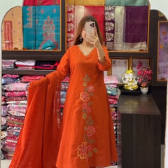 Women’s Orange Embroidered Anarkali Kurta Set