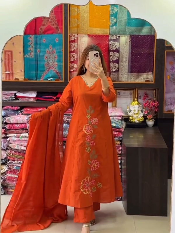 Women’s Orange Embroidered Anarkali Kurta Set