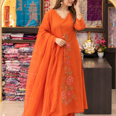 Women’s Orange Embroidered Anarkali Kurta Set