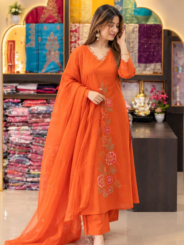 Women’s Orange Embroidered Anarkali Kurta Set
