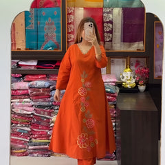Women’s Orange Embroidered Anarkali Kurta Set