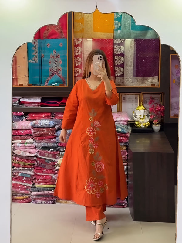 Women’s Orange Embroidered Anarkali Kurta Set