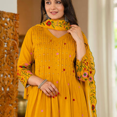 Mustard Yellow Pintuck Anarkali Suit Set with Floral Embroidered Dupatta