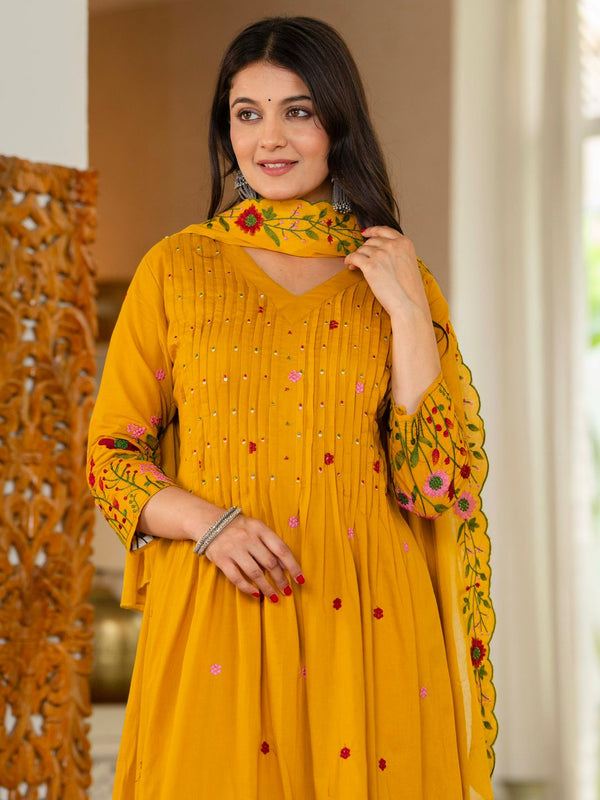 Mustard Yellow Pintuck Anarkali Suit Set with Floral Embroidered Dupatta