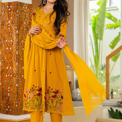 Mustard Yellow Pintuck Anarkali Suit Set with Floral Embroidered Dupatta