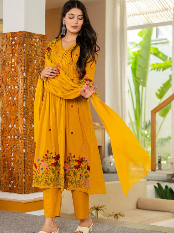 Mustard Yellow Pintuck Anarkali Suit Set with Floral Embroidered Dupatta