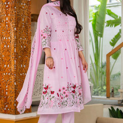Pink Pintuck Anarkali Suit Set with Floral Embroidered Dupatta