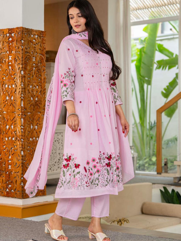 Pink Pintuck Anarkali Suit Set with Floral Embroidered Dupatta