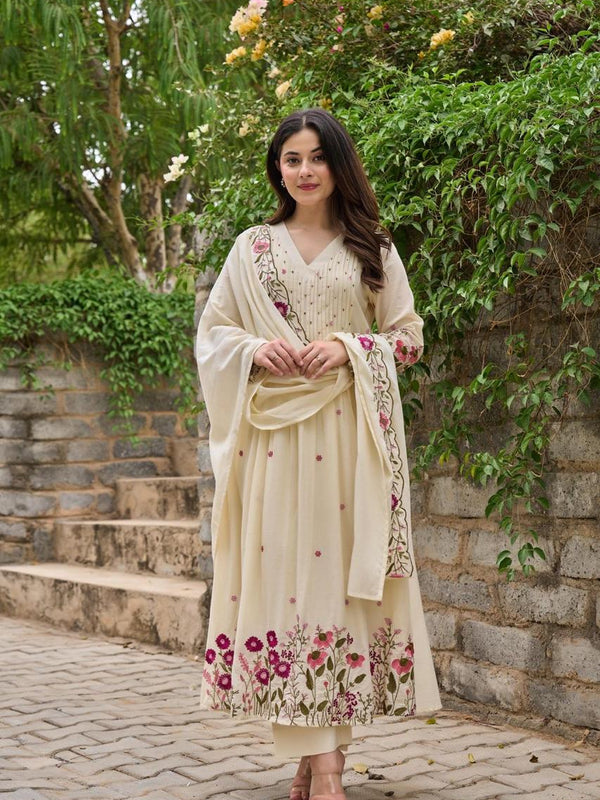 Off White Anarkali Suit Set with Floral Embroidered Dupatta