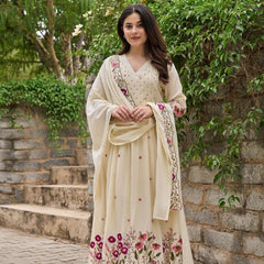 Off White Anarkali Suit Set with Floral Embroidered Dupatta