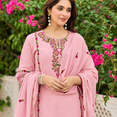 Baby Pink Floral Embroidered Straight Kurta Set