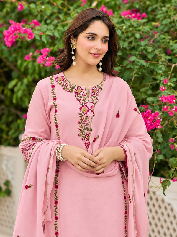 Baby Pink Floral Embroidered Straight Kurta Set