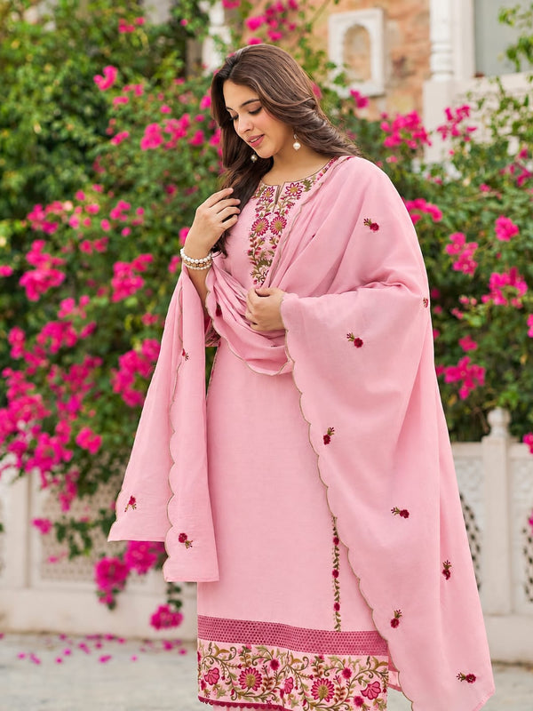 Baby Pink Floral Embroidered Straight Kurta Set