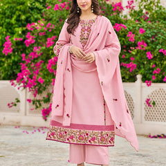 Baby Pink Floral Embroidered Straight Kurta Set