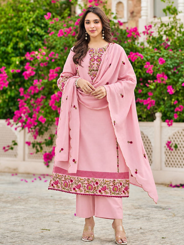 Baby Pink Floral Embroidered Straight Kurta Set
