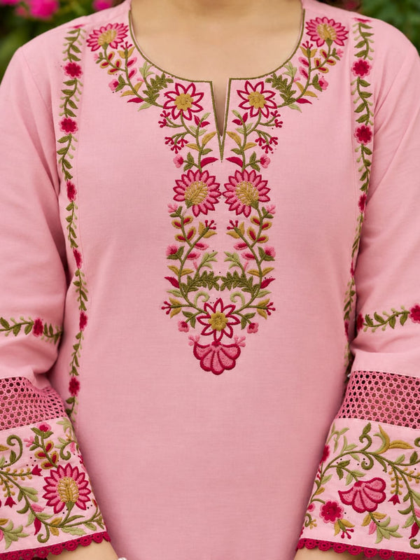 Baby Pink Floral Embroidered Straight Kurta Set
